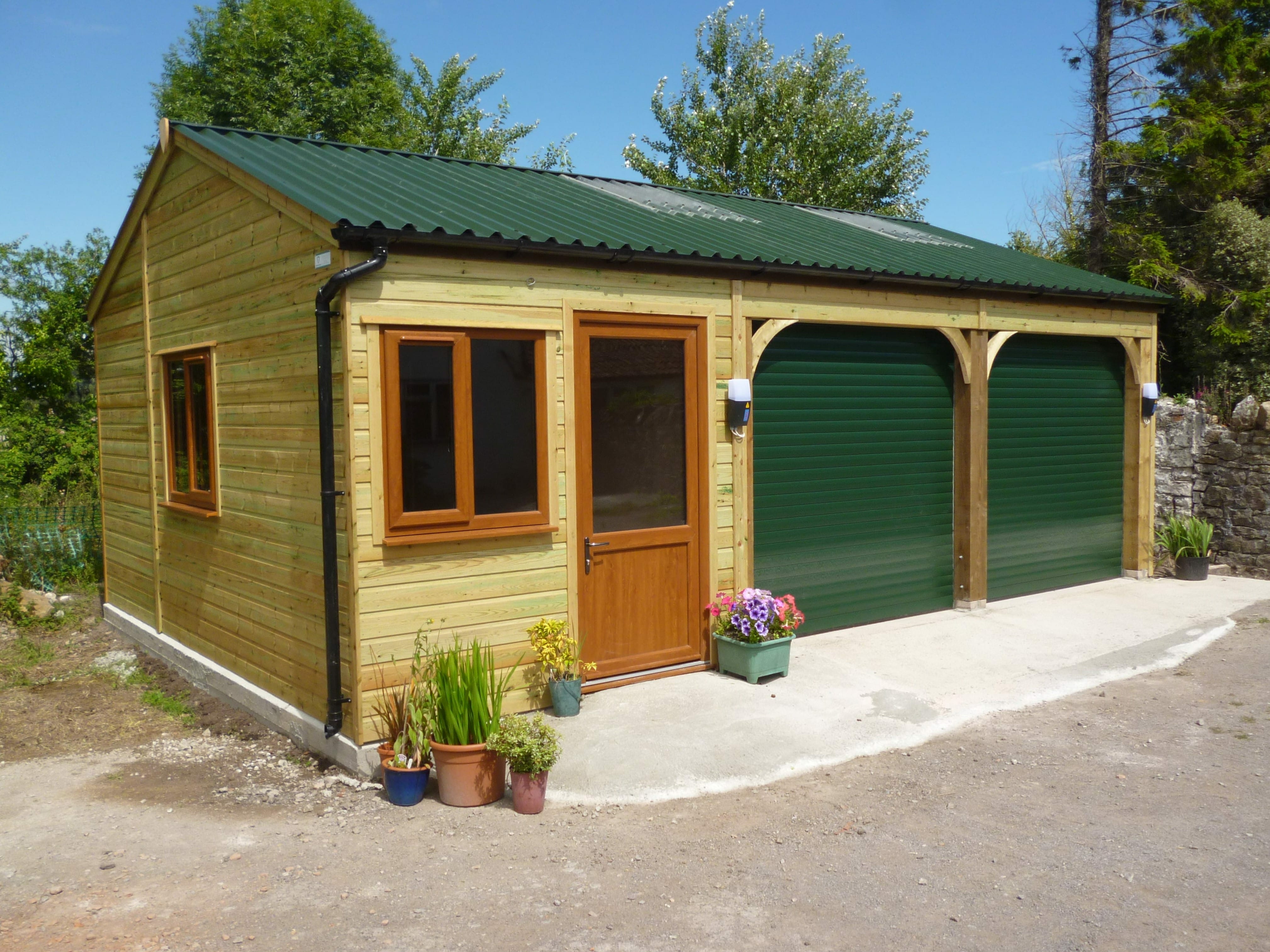 Double garage with roller doors and attached office