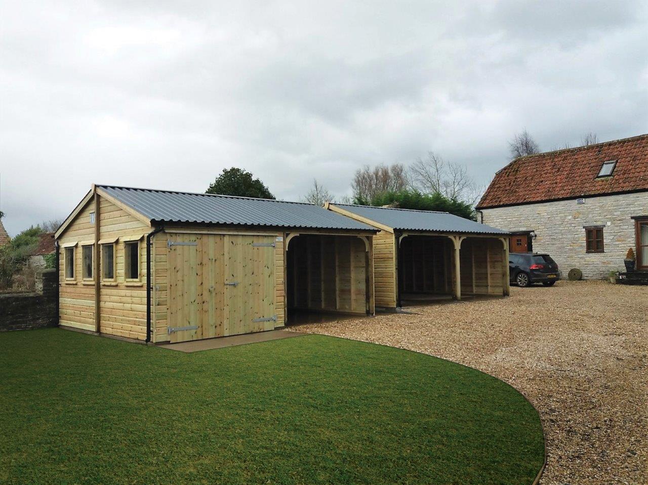 Set of two double garages side by side, combination and carport